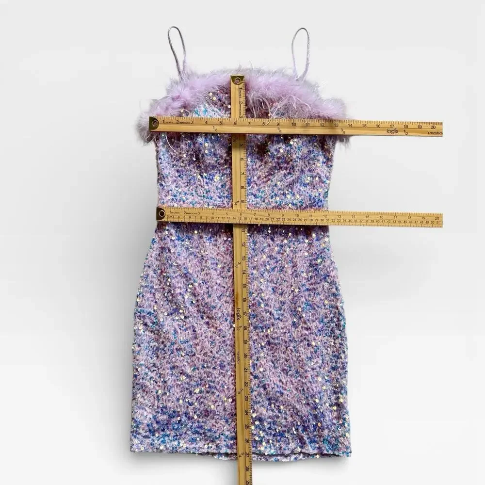 Crystal Doll Sequin Dress Size Medium Purple Feather Trim Y2K Party Formal Mini - Picture 6 of 6